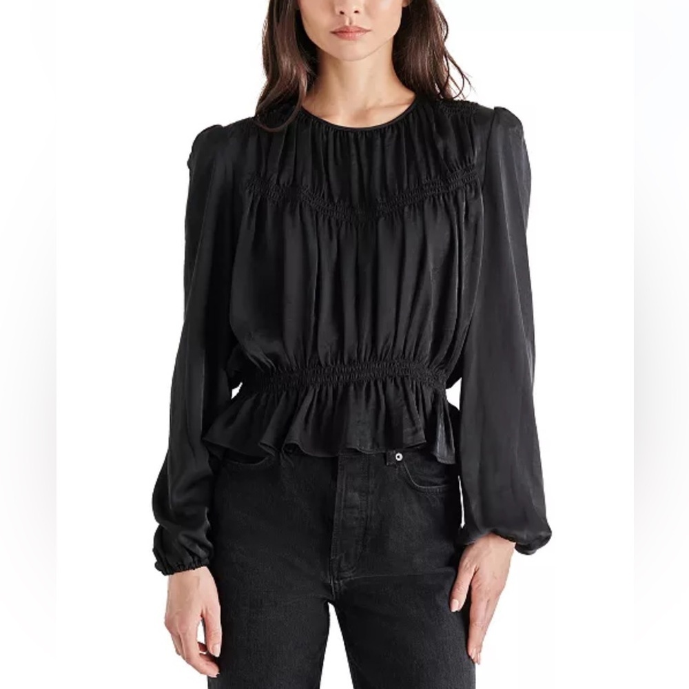 Steve Madden Pyper Washed-Satin Shirred-Yoke Peplum Top NWT